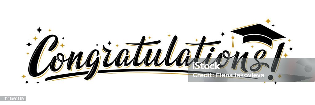 "Congratulations!" greeting sign. Congrats Graduated. "Congratulations!" greeting sign. Congrats Graduated. Handwritten modern brush lettering with golden stars and academic cap. Text for card, T-shirt print, banner, poster. Isolated vector Congratulating stock vector