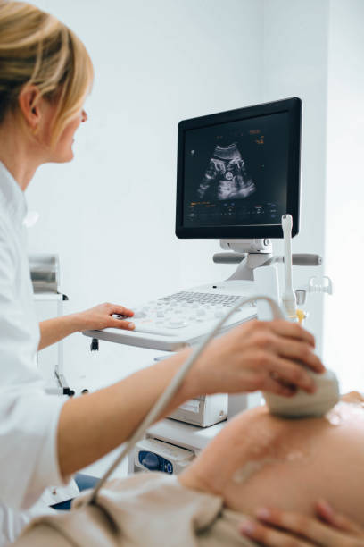 médecin femme faisant sonogramme avec la femme enceinte à la clinique. examen échographie patiente enceinte - human pregnancy ultrasound medical exam doctor photos et images de collection