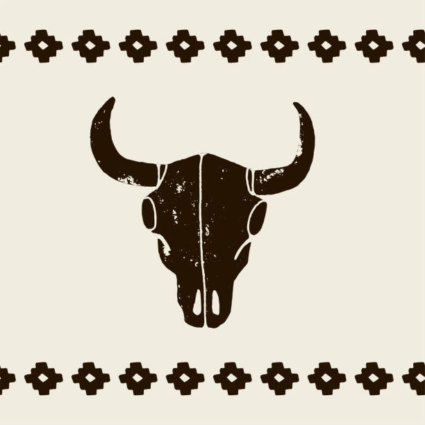 Vector black skulls buffalo Vector black skulls buffalo, bull or cow on a white background. Hand-drawn graphics in the style of grunge scuffs. Wild west sign symbol. Vintage emblem cow skull with horns. texas longhorns stock illustrations