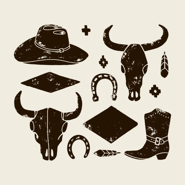 ilustrações de stock, clip art, desenhos animados e ícones de vector set of hand draw elements of the wild west on a white background. - cowboy hat hat wild west black