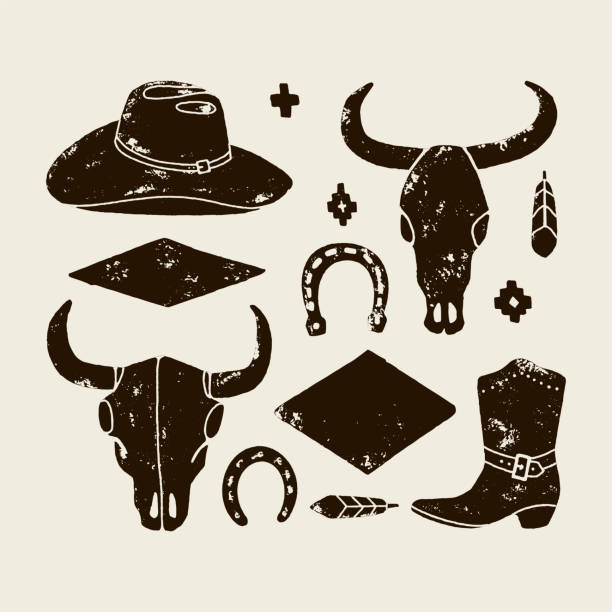 Vector set of hand draw elements of the wild West on a white background. Vector set of hand draw elements of the wild West. Cowboy Western icons in monochrome. Design elements for logo, label, emblem, sign, badge. Cowboy hat, boots, cow skull, horseshoe, feather officer boots stock illustrations