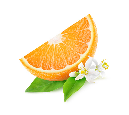 Isolated orange slice and blossoms. One piece of orange fruit with leaves and flowers isolated on white background with clipping path