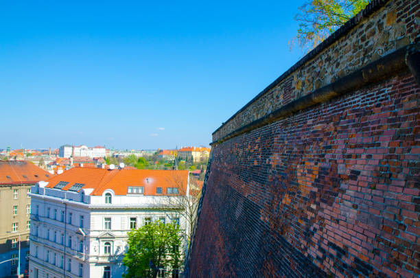 Overview of Prague and fortress wall from vysehrad park (Vyšehrad neighborhood)