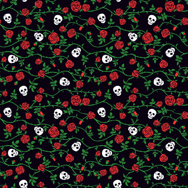 Skull floral seamless pattern with red climbing curly rose and thorn. Fabric dark flower background, vector. Gothic, Day of Dead or halloween holiday. Dia de muertos texture. Cute funny death's head skull patterns stock illustrations