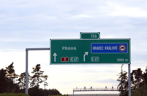 Highway sign with directions to Prague city in Czech Republic