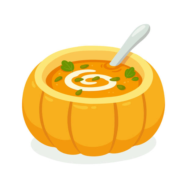 호박의 호박 수프 - thanksgiving vegetarian food pumpkin soup stock illustrations