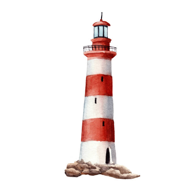 watercolor lighthouse isolated hand drawn watercolor lighthouse isolated on white background lighthouse drawings stock illustrations