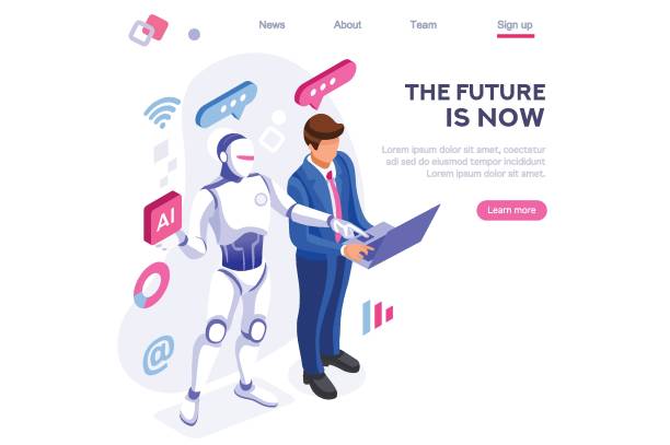 ilustraciones, imágenes clip art, dibujos animados e iconos de stock de robot humano trabajando en office - touch screen futuristic technology forecasting