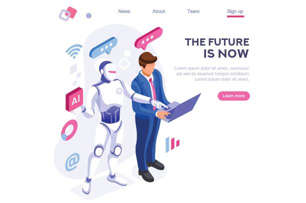 Robot Human Working at Office Human interactive tech interaction. Images of robot human working at office, can use for web banner, infographics, hero images. Flat isometric vector illustration isolated on white background artificial intelligence business stock illustrations