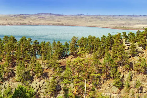 Photo of View from mountain on Lake is Big Chebachie in Burabay National Park. Kazakhstan, May 2018.