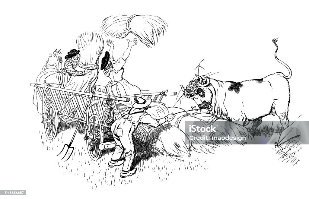 Bull helps during the harvest on the farm Drawing - Art Product stock illustration