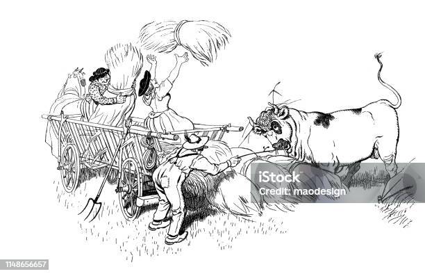 Bull Helps During The Harvest On The Farm Stock Illustration - Download Image Now - Drawing - Art Product, Food, Humor