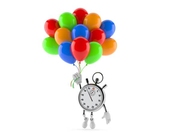 istock Stopwatch character flying with balloons 1148656661