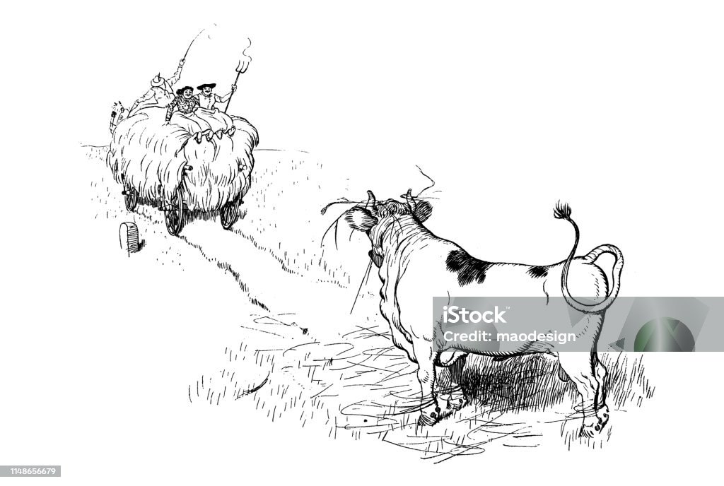 Bull helps during the harvest on the farm Farmer stock illustration