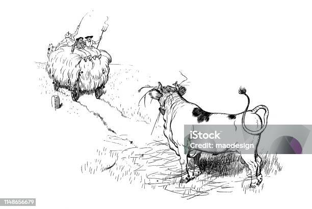 Bull Helps During The Harvest On The Farm Stock Illustration - Download Image Now - Farmer, Sketch, 1886