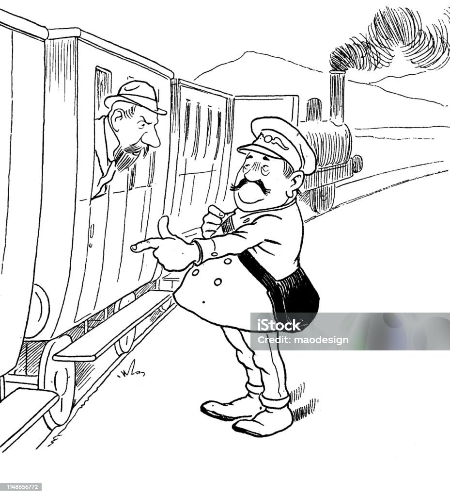 Stress with conductor at the railway station Cartoon stock illustration