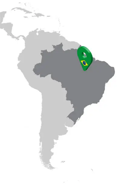 Vector illustration of Brazil Location Map on map South America. 3d Brazil flag map marker location pin. High quality map of Brazil.  Vector illustration EPS10.