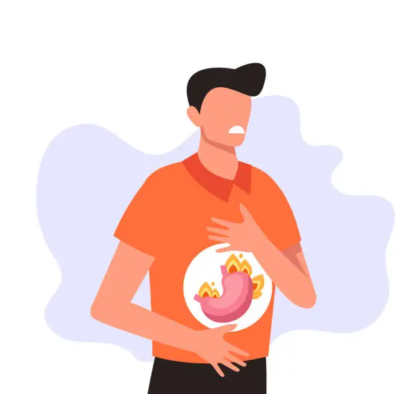 Vector illustration of Man character holding abdomen and feel pain. Heartburn and stomach problems concept. Vector flat cartoon graphic design illustration