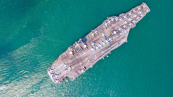 Top View Aircraft Carrier warship battleship In the ocean
