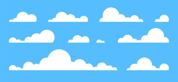青い背景に孤立した雲が設定されます。シンプルなかわいい漫画のデザイン。アイコンまたはロゴコレクション。リアルな要素。フラットスタイルのベクターイラスト。 - 雲点のイラスト素材／クリップアート素材／マンガ素材／アイコン素材