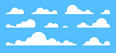 istock Clouds set isolated on a blue background. Simple cute cartoon design. Icon or logo collection. Realistic elements. Flat style vector illustration. 1148660195