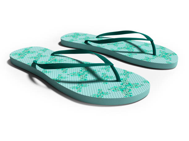 istock Modern blue beach slippers with flowers 3d render on white background with shadow 1148660387