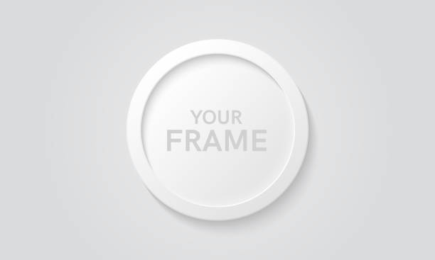 rundbildrahmen, isoliert an einer wand. weiße farbe. realistische moderne vorlage. kreisformat. mock up for pictures or photo. schöne minimale saubere gestaltung. eps 10 vektordarstellung. - stereoskopische photographie stock-grafiken, -clipart, -cartoons und -symbole