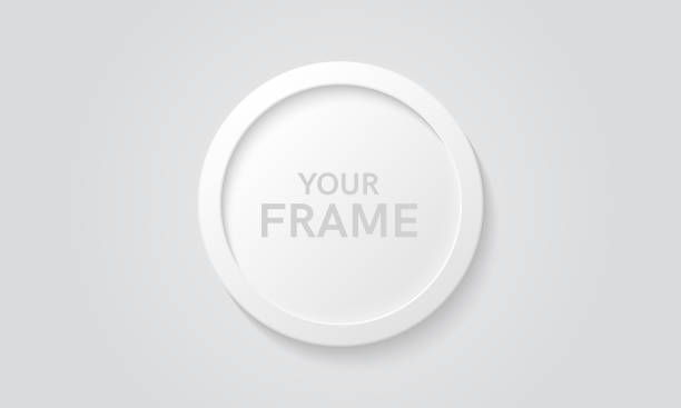 ilustrações de stock, clip art, desenhos animados e ícones de round picture frame isolated on a wall. white color. realistic modern template. circle format. mock up for pictures or photo. beautiful minimal clean design. eps 10 vector illustration. - format a4
