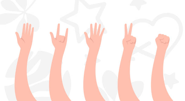 на белом фоне изолированы жесты рук. стоп, мир, рок, кулак, высокая пятерка. покажите различные знаки и эмоции. симпатичный простой дизайн му� - white background art and craft equipment human hand horizontal stock illustrations