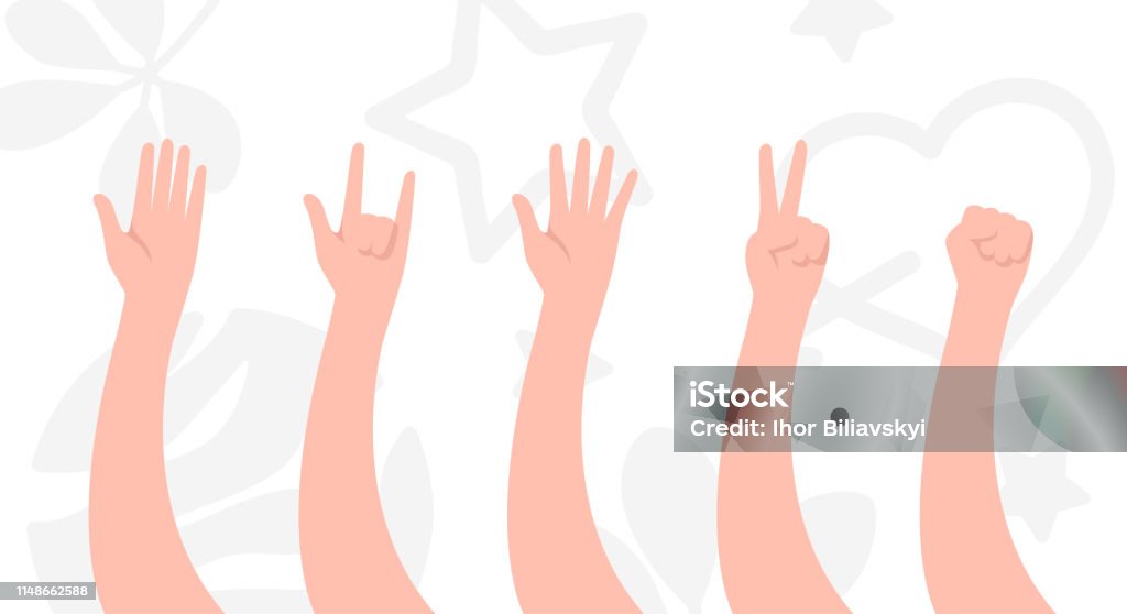Gestures Of Hand Set Isolated On A White Background Stop Peace Rock Fist High  Five Show Different Signs And Emotions Cute Simple Cartoon Design Flat  Style Vector Illustration Stock Illustration - Download