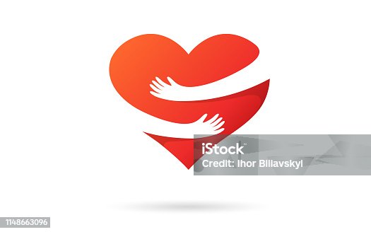 istock Hugging heart isolated on a white background. Heart with hands. Red color. Love symbol. Hug yourself. Love yourself. Valentine's day. Icon or logo. Cute modern design. Flat style vector illustration. 1148663096