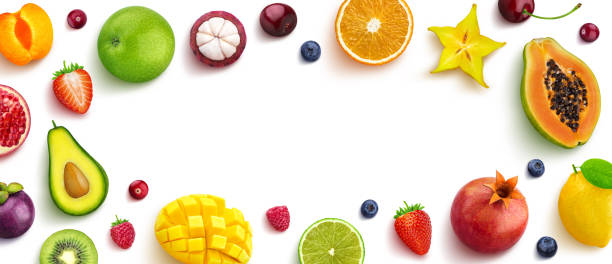 istock Various fruits and berries isolated on white background, top view, creative flat layout, round frame of fruits with empty space for text 1148663155