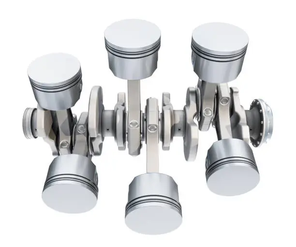V6 engine pistons, top view. 3D rendering isolated on white background