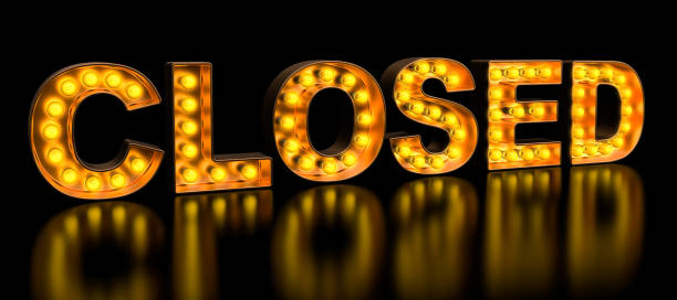 istock Closed signboard from golden light bulb letters, retro glowing font. 3D rendering 1148663203