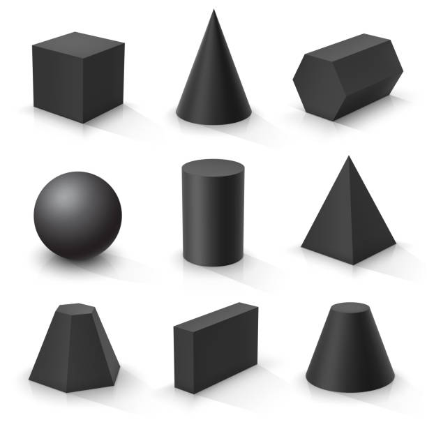 기본 3d 모양의 집합입니다. 흰색 배경에 검�정색 기하학적 고체 - cone stock illustrations