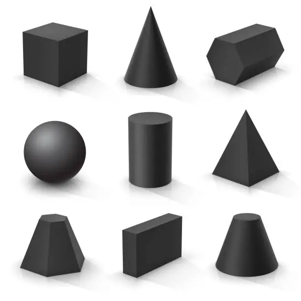 Vector illustration of Set of basic 3d shapes. Black geometric solids on a white background