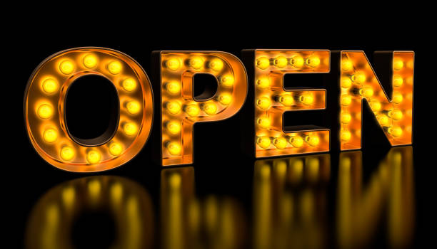 istock Open signboard from golden light bulb letters, retro glowing font. 3D rendering 1148663232