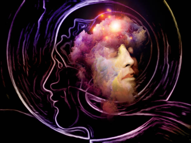 Memory in 3D Female face emerges from flat stippling profiles. Conceptual Illustration. psyche photography stock pictures, royalty-free photos & images