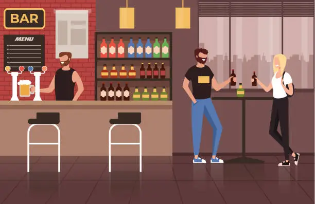 Vector illustration of Friends people characters meeting in bar pub cafe and drinking alcohol cocktail. Public place concept. Vector flat graphic design cartoon illustration