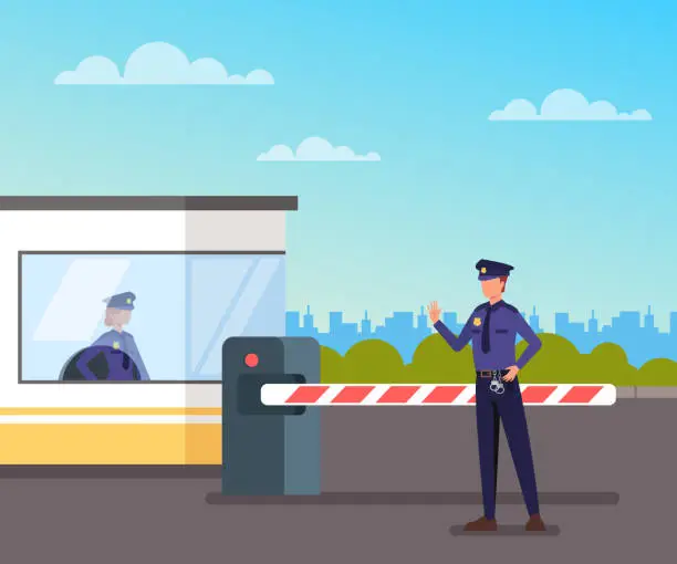 Vector illustration of Security guard protect toll booth. Vector flat graphic design cartoon illustration