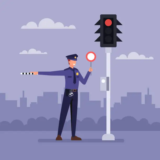 Vector illustration of Policemen near traffic light. Vector flat graphic design cartoon illustration