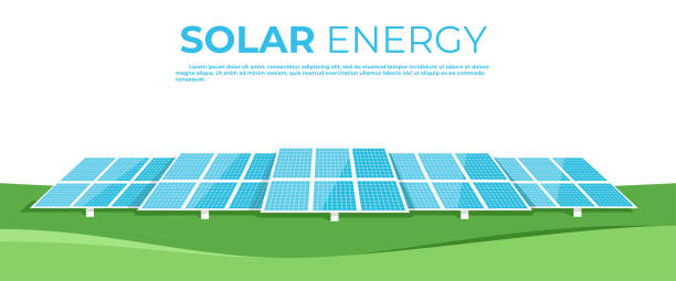 солнечная энергия. солнечные батареи посреди зеленого поля. пейзаж на спине. четкий современный дизайн. простой шаблон дизайна. красивый фо - contemporary urban scene panel backgrounds stock illustrations