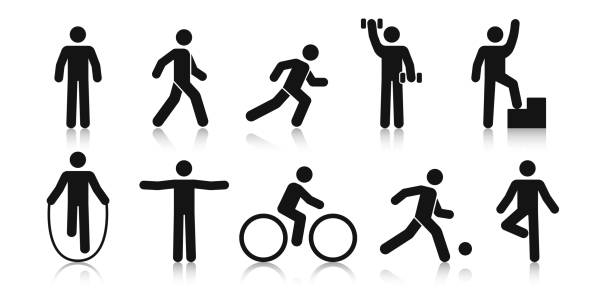 Stick figure sports. Posture stickman. People sport icons set. Man in different poses and positions, doing exercises. Black silhouette. Simple cute modern design. Flat style vector illustration. Stick figure sports. Posture stickman. People sport icons set. Man in different poses and positions, doing exercises. Black silhouette. Simple cute modern design. Flat style vector illustration. figurine stock illustrations
