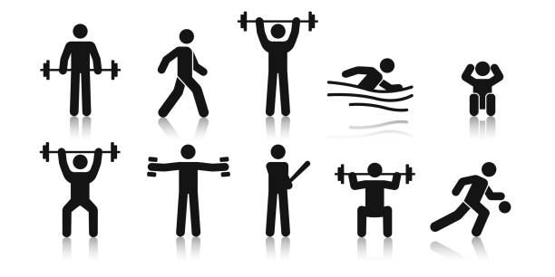 ilustrações, clipart, desenhos animados e ícones de stick figura esportes. stickman postura. ícones do esporte dos povos ajustados. homem em poses e em posições diferentes, fazendo exercícios. silhueta preta. projeto moderno bonito simples. ilustração lisa do vetor do estilo. - baseballs ball sport gym