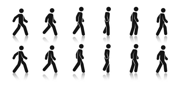 Stick figure walk. Walking animation. Posture stickman. People icons set. Man in different poses and positions. Black silhouette. Simple cute modern design. Flat style vector illustration. Stick figure walk. Walking animation. Posture stickman. People icons set. Man in different poses and positions. Black silhouette. Simple cute modern design. Flat style vector illustration. pedestrian stock illustrations