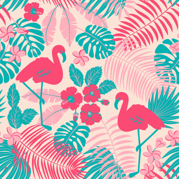 illustrazioni stock, clip art, cartoni animati e icone di tendenza di modello tropico senza cuciture - white pink flamingo blue