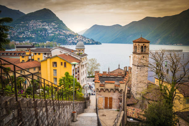 bre mountain pictures - ticino canton mountain lake lugano lake imagens e fotografias de stock