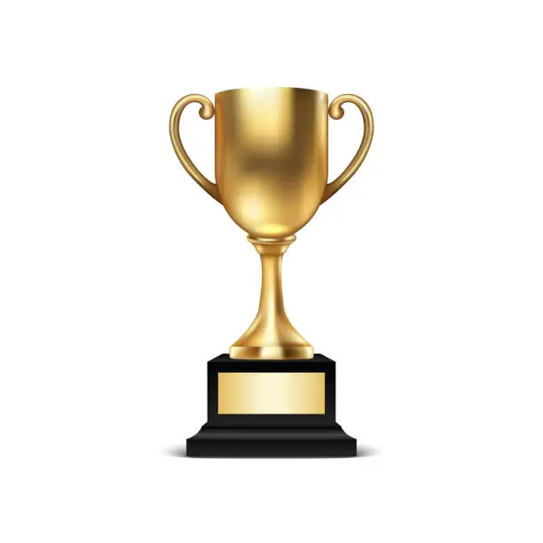 Vector illustration of Realistic Vector 3d Blank Golden Champion Cup Icon Closeup Isolated on White Background. Design Template of Championship Trophy. Sport Tournament Award, Gold Winner Cup and Victory Concept