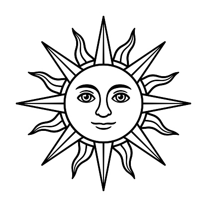 Antique sun symbol with face, vintage heraldic emblem. Sun of May, Inca god Inti, from Argentina and Uruguay flag. Black and white drawing, isolated vector illustration.