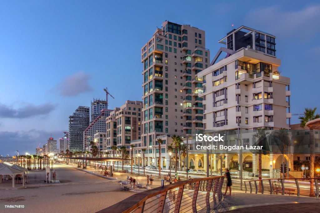 Tel Avis, Israel Night scene of Tel Aviv Promenade and the beachfront, Israel. Tel Aviv Stock Photo